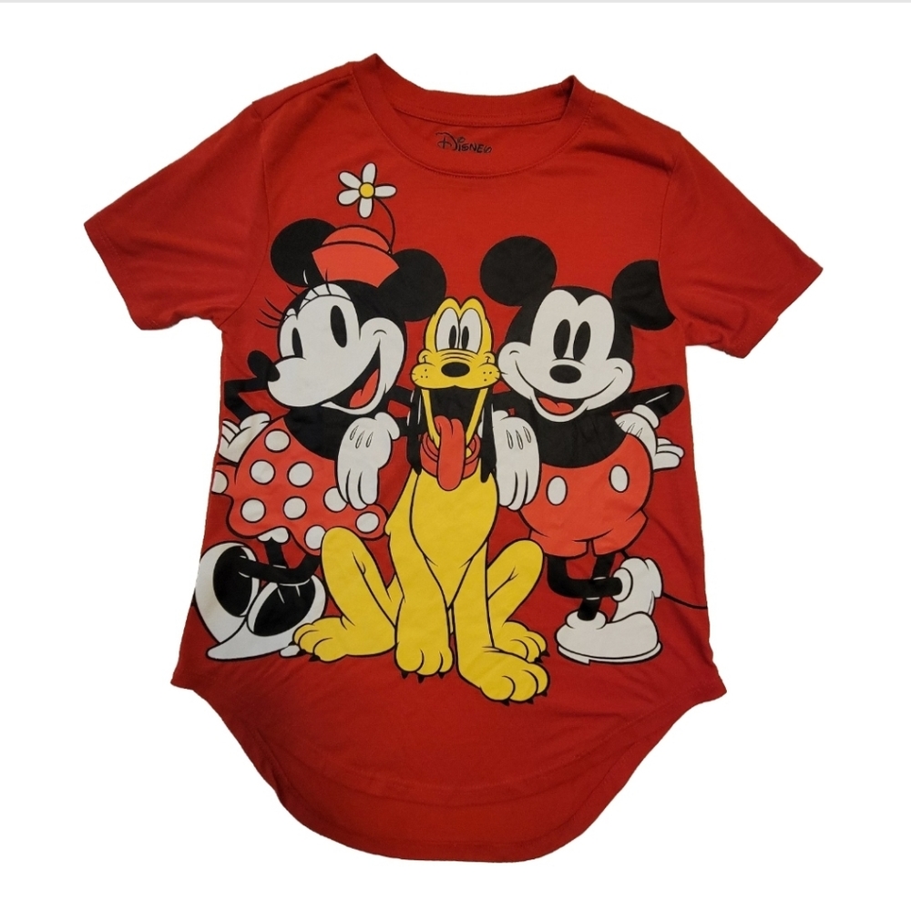 Mickey & Minnie Mouse & Pluto Disney Graphic T-Shirt Red Juniors Small (3-5) EUC